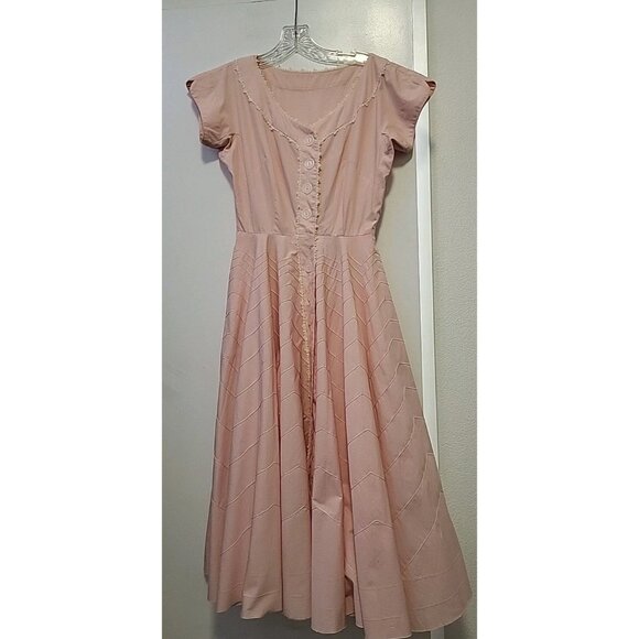 Vintage 1950s Pale Pink Swing Dress Button Front Pockets Medium - Picture 1 of 14
